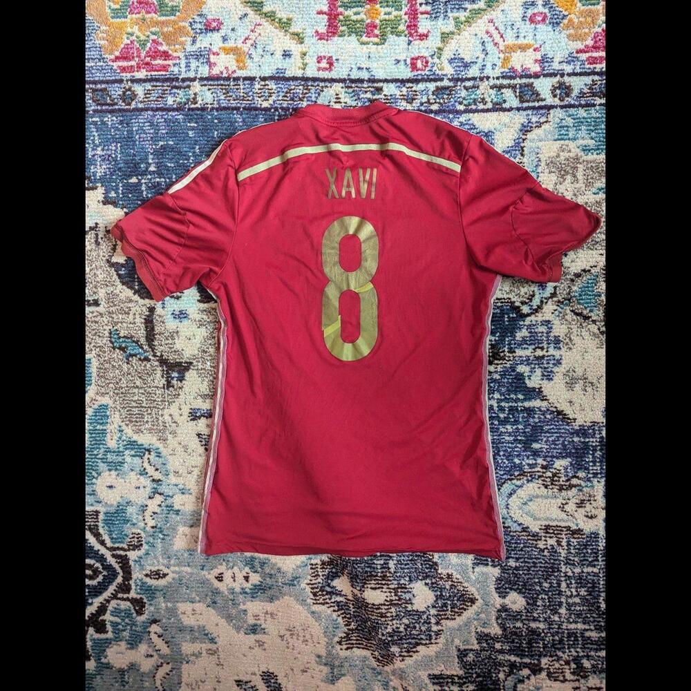 Spain 2014 Home Xavi Soccer Jersey Authentic Adidas Youth L World Cup Patch